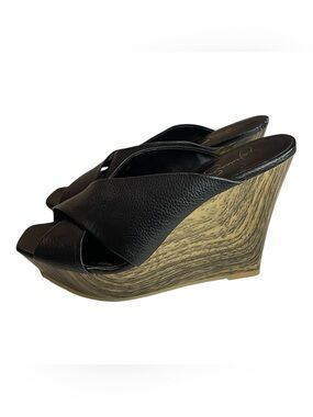 Jessica Simpson Black Crisscross Wedge Sandals with Wood-Effect Platform